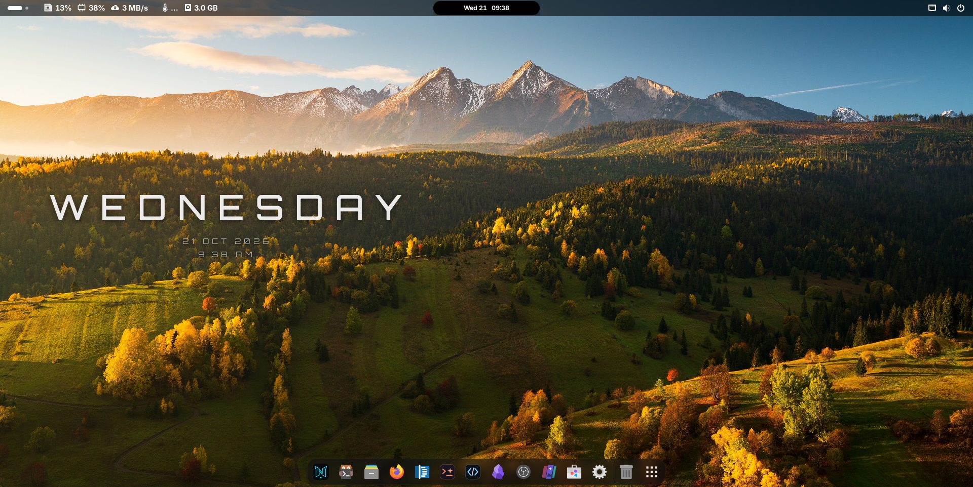 NiX Linux desktop: a mountain wallpaper with a large WEDNESDAY clock and a floating dock