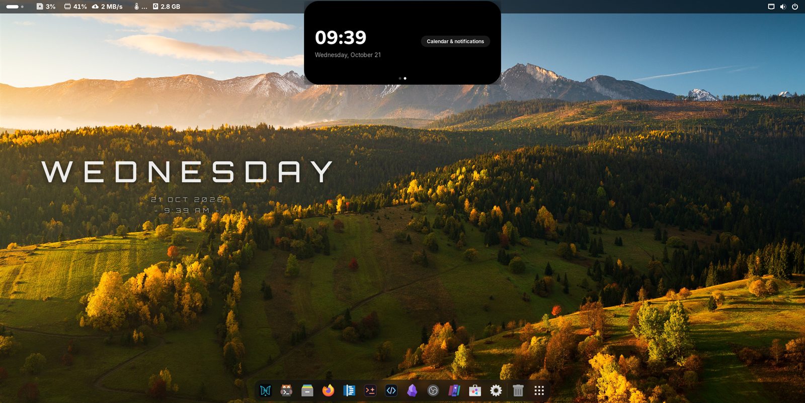 Clock island expanded below the top bar