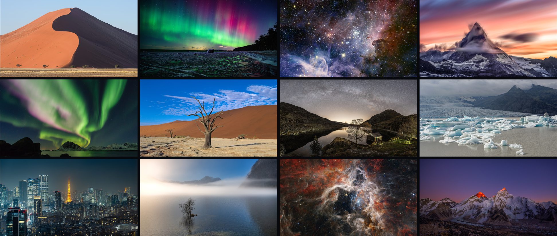 Twelve of the included wallpapers: dunes, auroras, nebulae, mountains, a city at night and fog over a lake